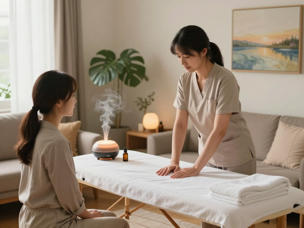 의정부출장 service setup in a cozy living room with a professional therapist preparing a calming atmosphere for relaxation.