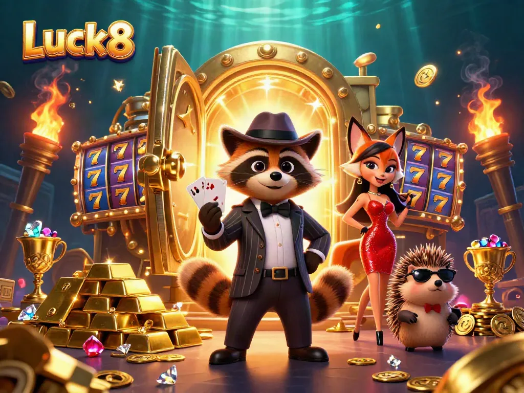 Luck8 showcases a dynamic casino scene with a charming raccoon, fox lady, and bouncer excitedly holding winning cards.
