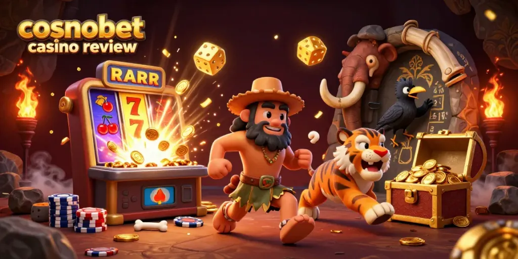 Cosmobet casino review showcasing lively characters at a vibrant prehistoric themed casino.