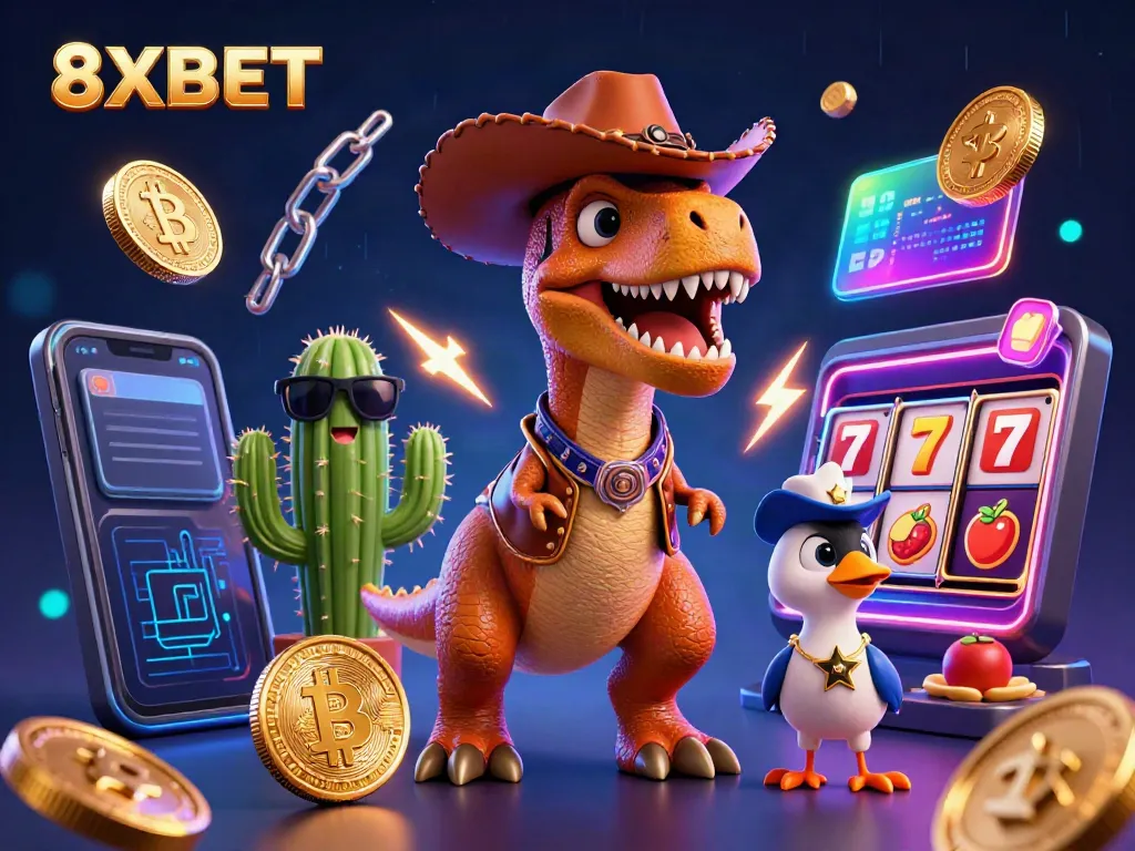 Engage with 8XBET's vibrant world featuring a T-Rex and friends in a neon-lit casino environment.