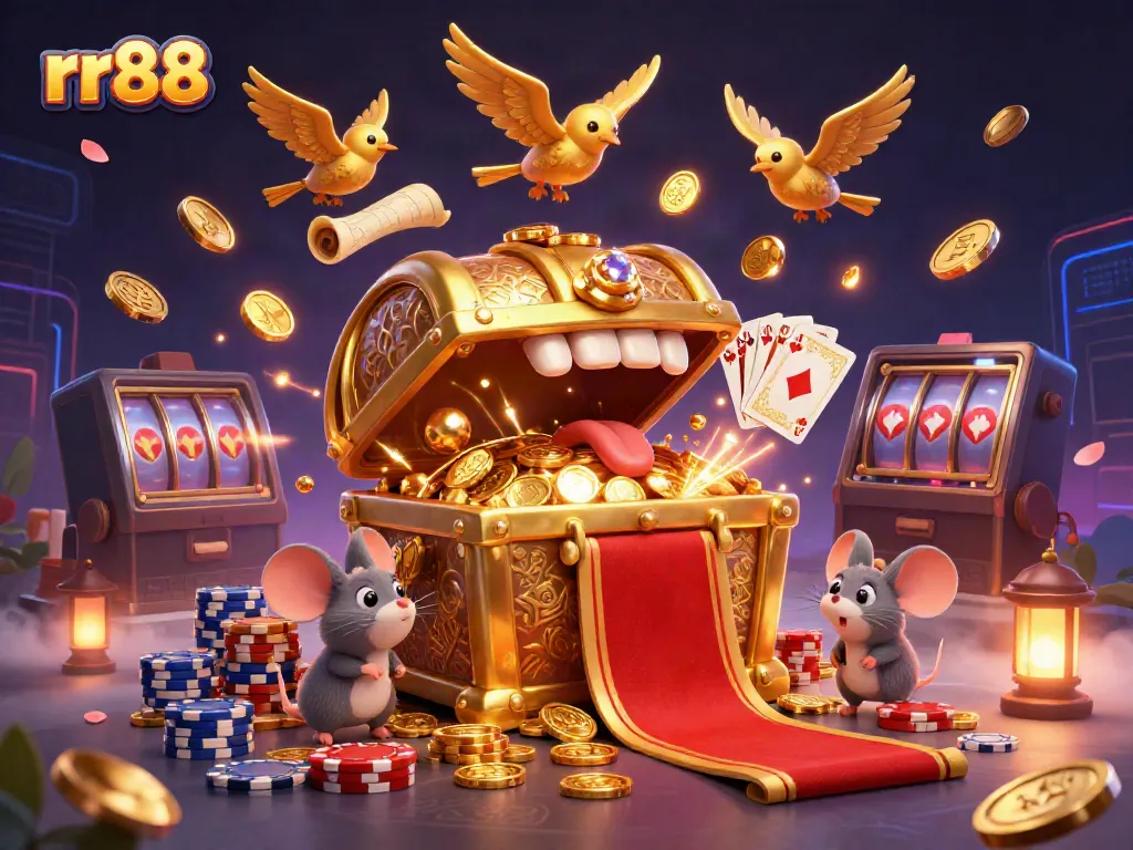 Experience excitement with rr88 as a treasure chest lures adventurer mice amidst coins and game elements.