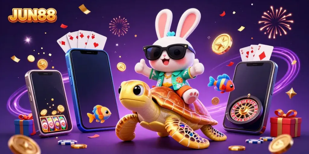 Experience exciting gaming at JUN88 with a colorful digital illustration featuring a lucky rabbit.