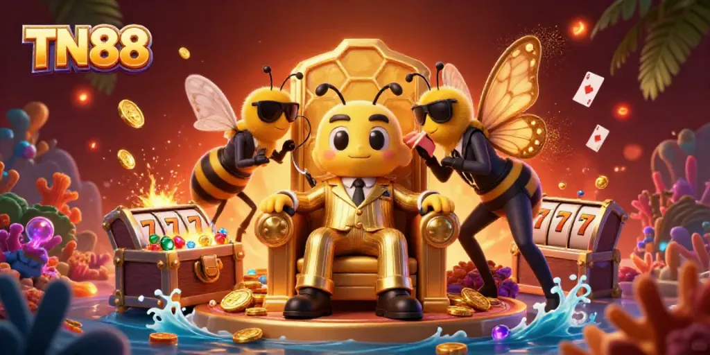 Join the fun at TN88 with a vibrant 3D digital casino scene featuring a bumblebee mob boss and exciting game elements.