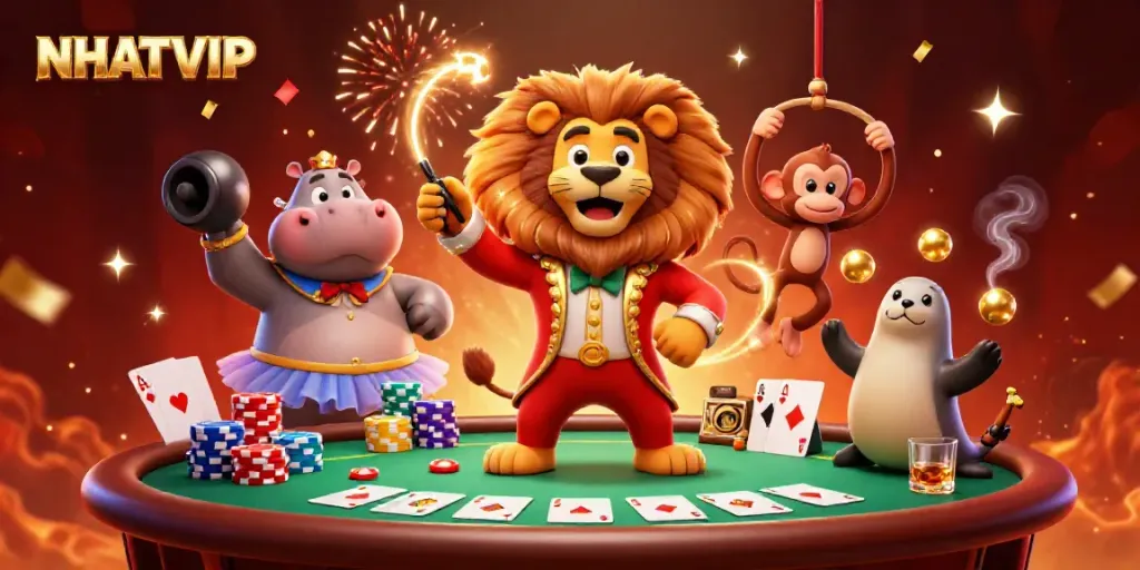 Experience the excitement of gambling at NHATVIP with a vibrant circus theme featuring iconic casino elements.