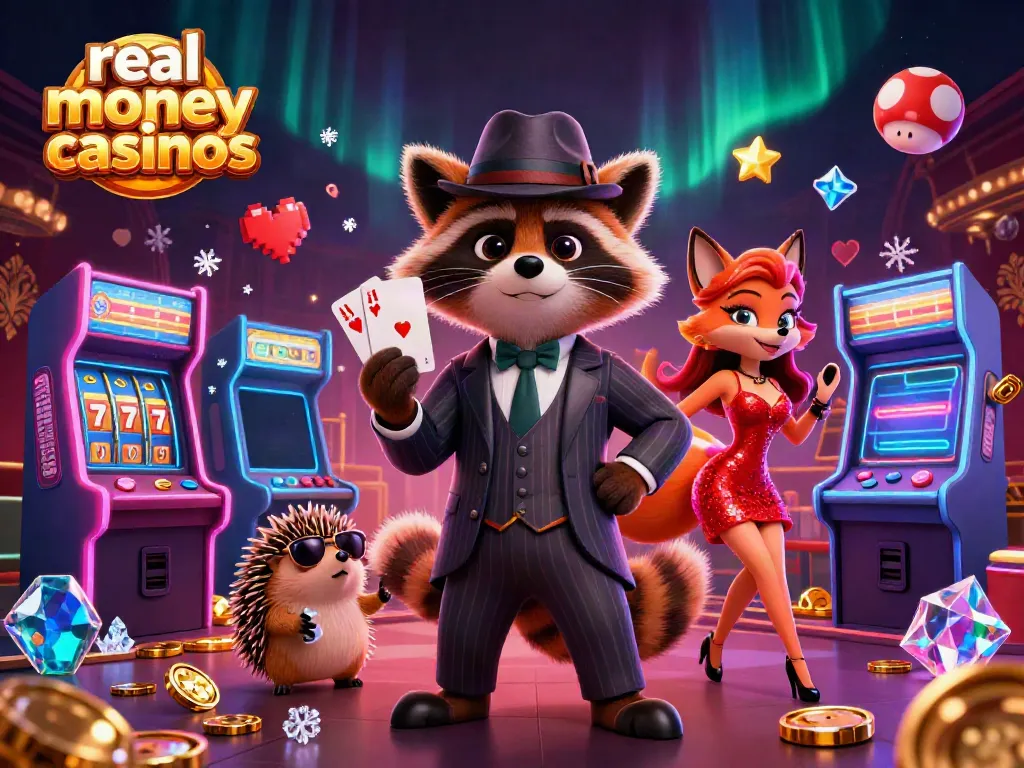 Experience the thrill of real money casinos with an adventurous raccoon, stylish fox, and a hedgehog bouncer.