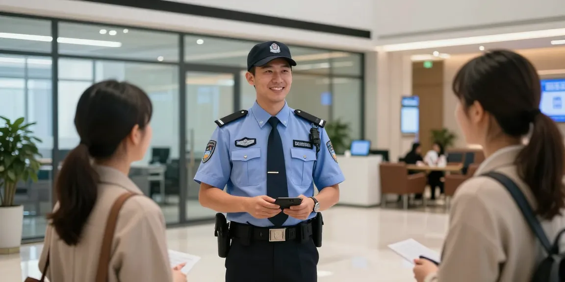 Security Guard providing friendly assistance and professional oversight in a corporate lobby.
