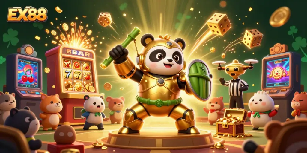 Experience big wins with EX88 in a vibrant online casino setting filled with exciting elements and characters.