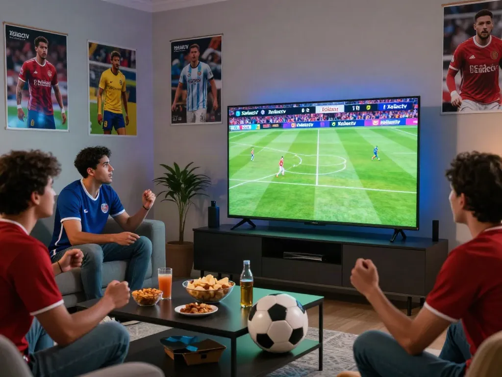 Xoilactv fans enjoying a live soccer match in a cozy home setting.