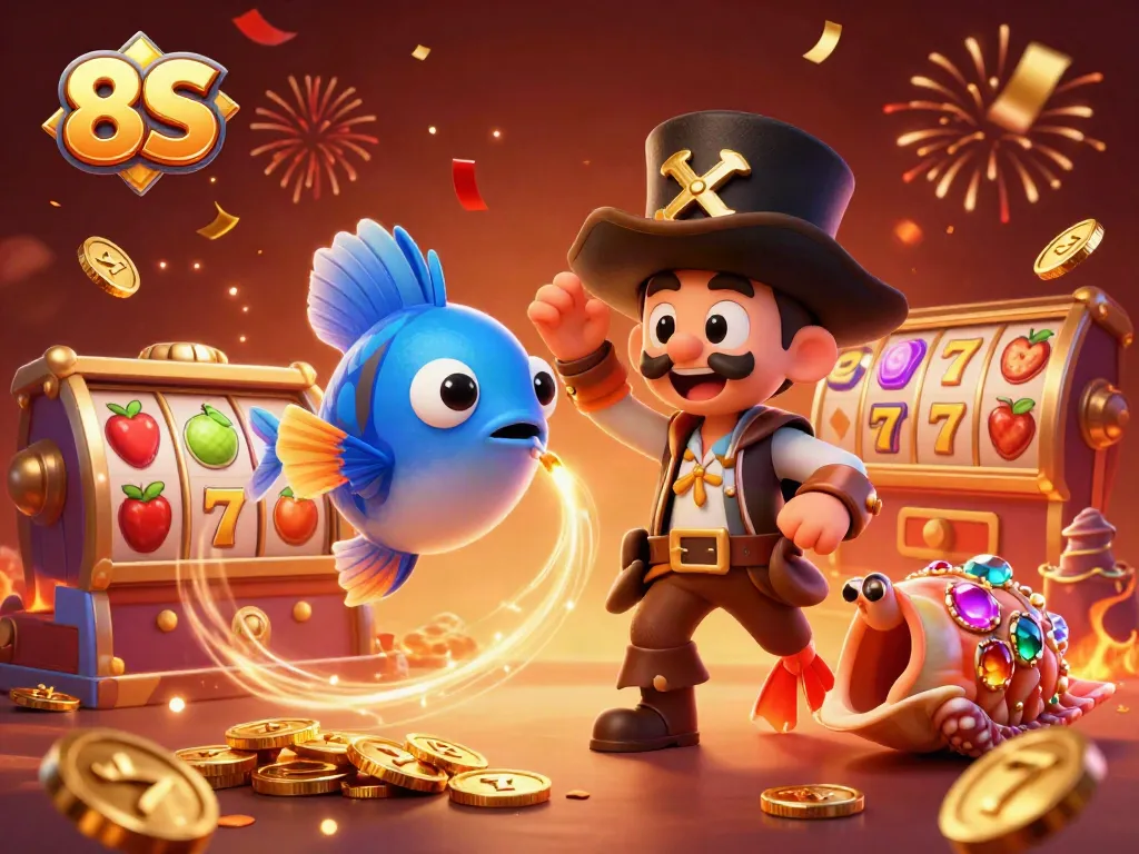 Experience exciting wins with 8S in a vibrant animated casino scene featuring an anglerfish and jewels.