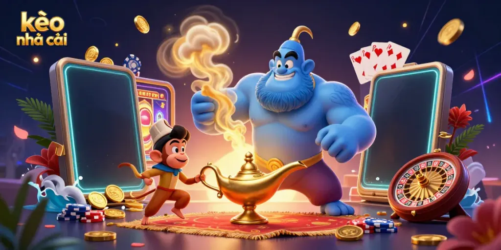 Experience the excitement of kèo nhà cái with a genie, monkey, and magical poker chips in a dazzling 3D casino scene.