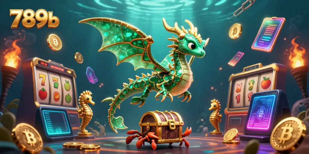 Engage in thrilling slots at 789b featuring vibrant sea dragon and treasure chest excitement.
