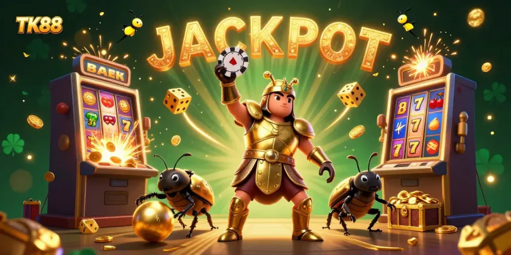 Engage with TK88's vibrant jackpot scene filled with animated casino characters and colorful game elements.