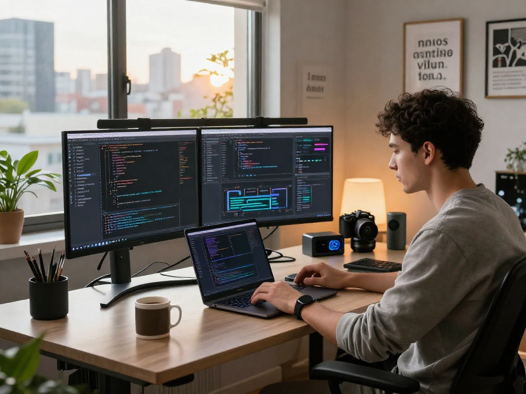 Dynamic workspace illustrating nsfw ai with developer coding, advanced interfaces, and urban skyline.
