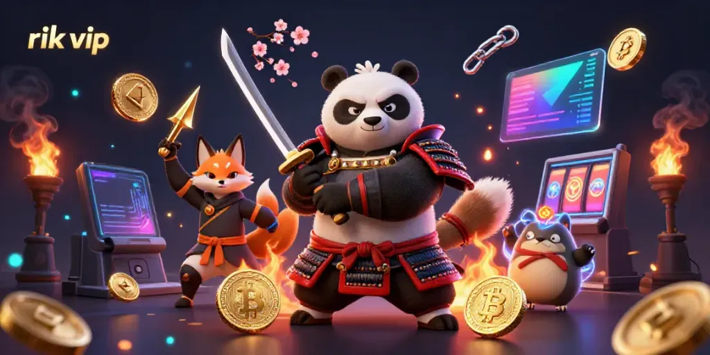 Experience the thrilling battle at rik vip, where our fierce panda samurai and ninja fox engage in a vibrant casino adventure.
