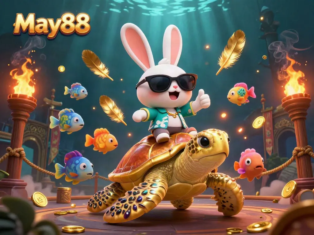 Experience the thrill of May88 with a lucky rabbit and a golden turtle in a vibrant casino scene.