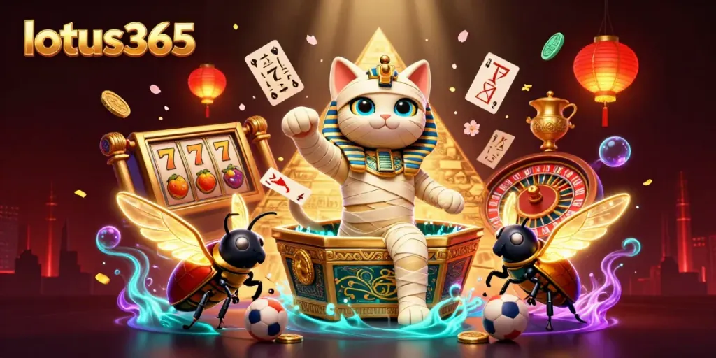 Experience thrilling casino action with lotus365, featuring a cartoon mummy cat in a vibrant gaming scene.