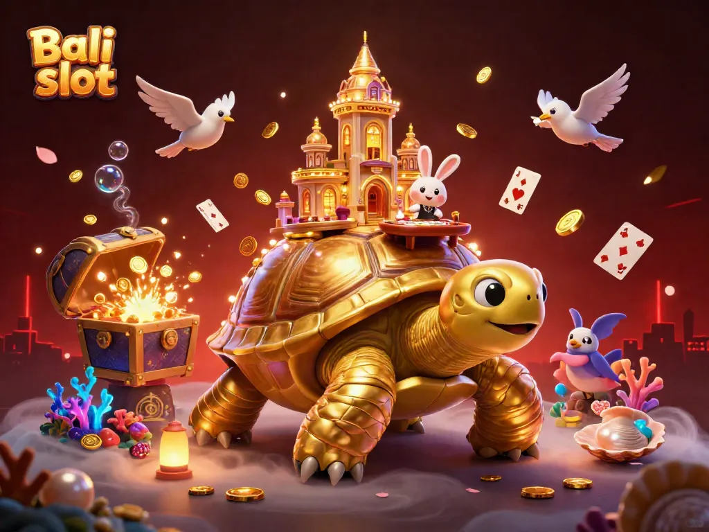 Experience the excitement of Bali slot with vibrant 3D elements including a golden tortoise casino.