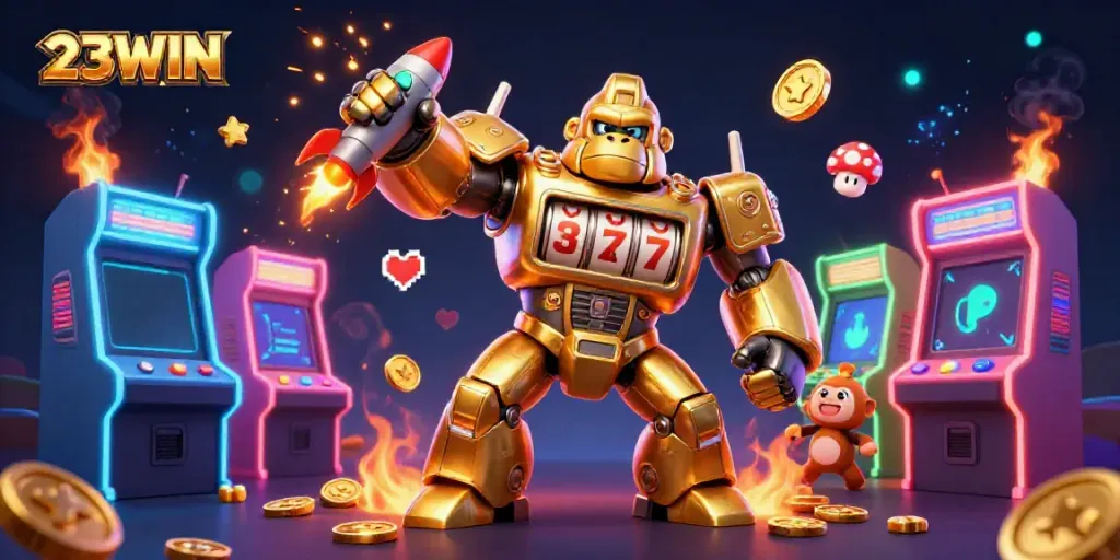 Experience the thrilling gaming action at 23WIN with explosive wins and vibrant digital art.