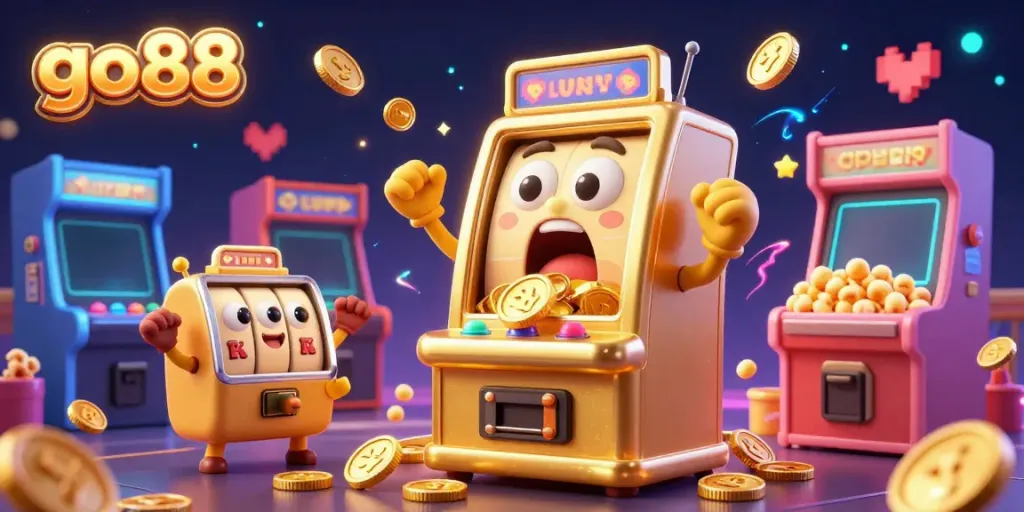 Experience thrilling gameplay and jackpots with go88's vibrant casino illustration, featuring golden slot machines.