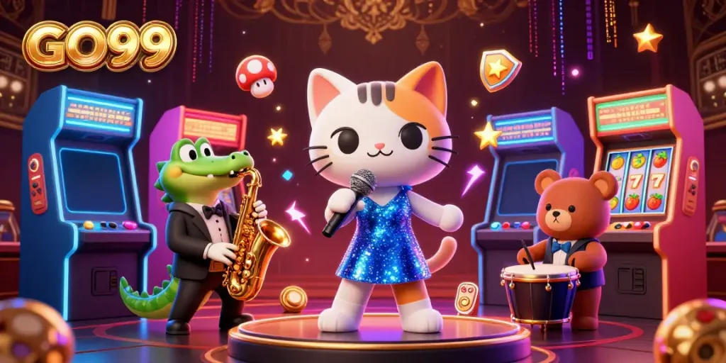 Experience the excitement of GO99 with animated characters and slot machines in a vibrant casino illustration.