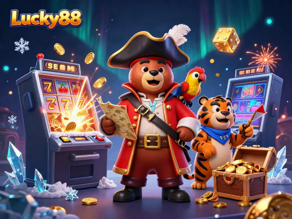 Experience the excitement of Lucky88 with a dynamic scene of gaming adventures featuring coins and symbols.