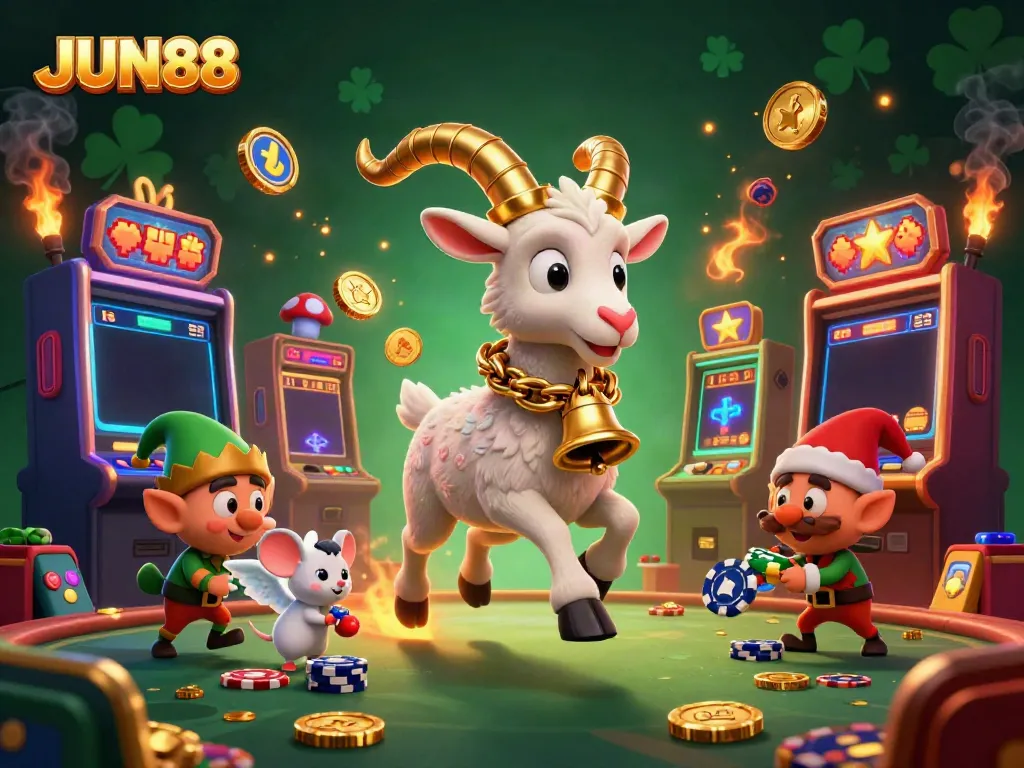 Experience thrilling gameplay at JUN88 with a Krampus goat hosting a festive casino scene.