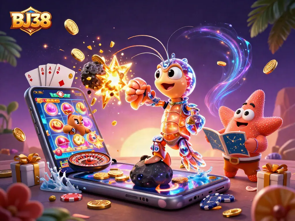 BJ38 showcases a vibrant 3D casino scene with colorful slot games, coins, and dynamic characters.