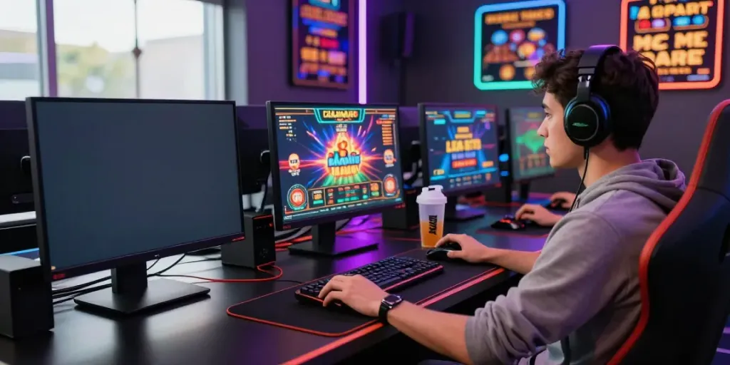 Gamer enjoying non Gamstop casino games at a modern setup with colorful LED lights.