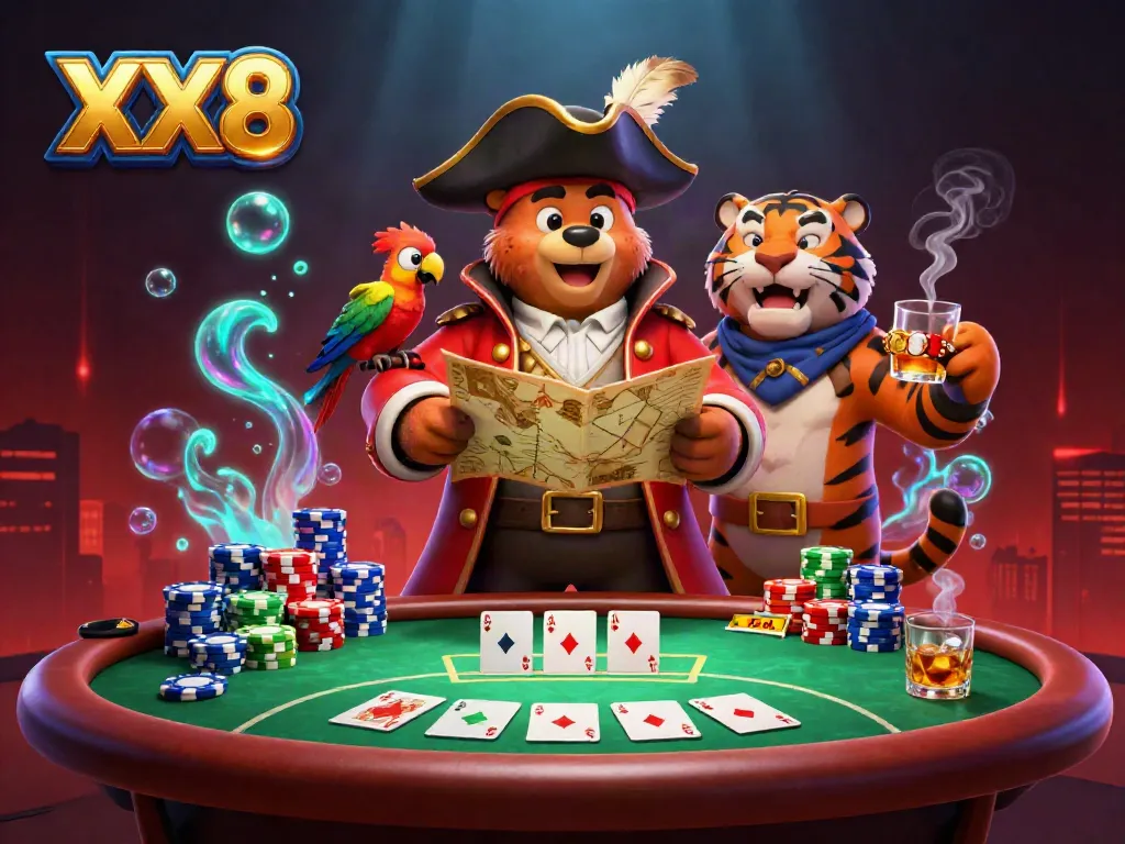 Engage in thrilling casino action with the vibrant XX8 pirate-themed illustration featuring poker chips and characters.