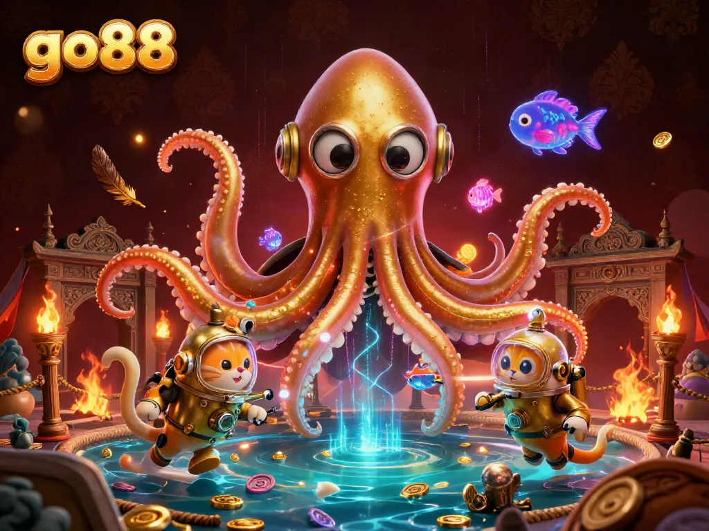 Select your next adventure with go88 featuring a colossal kraken, diving cat, and dynamic gambling elements.