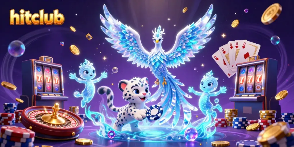 Experience exciting gaming with hitclub, where a cheerful snow leopard plays with a poker chip amidst golden coins.