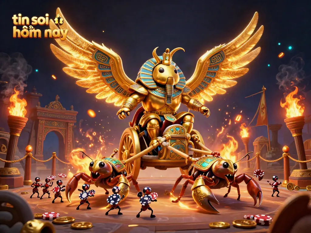 Experience the thrill of tin soi kèo hôm nay with a vibrant scene of golden beetles, chariot racing, and betting tokens.