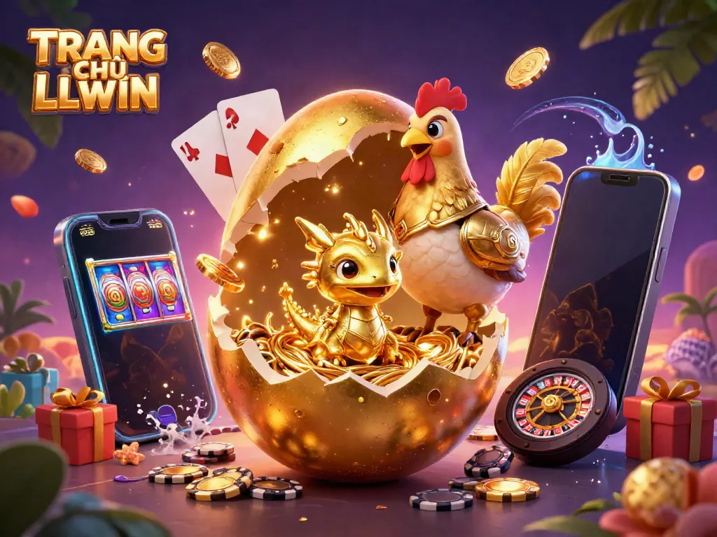Experience thrilling gameplay at TRANG CHỦ LLWIN with a golden dragon amidst poker chips and gaming elements.