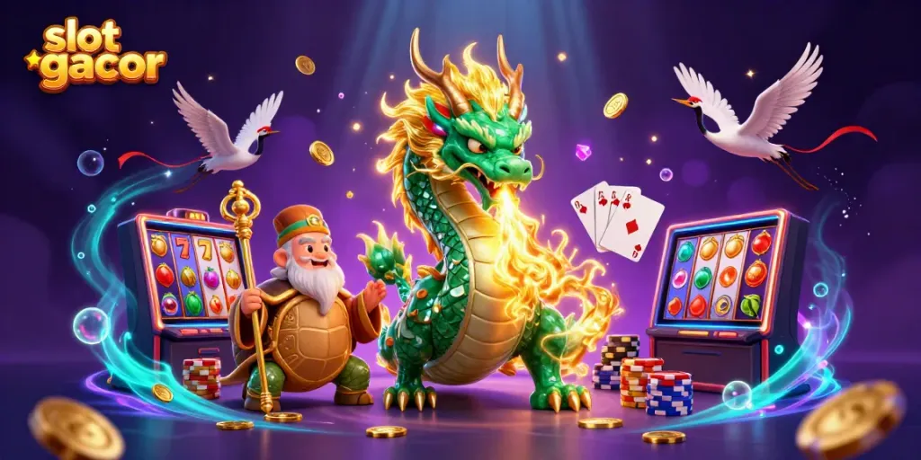 Slot gacor dengan naga dan simbol keberuntungan dalam ilustrasi 3D yang kaya detail.