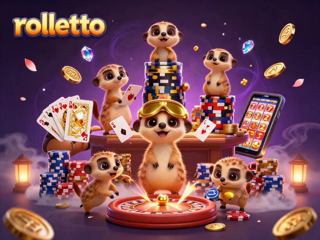 Join the rolletto meerkats as they deal cards and spin the roulette in this vibrant casino scene.