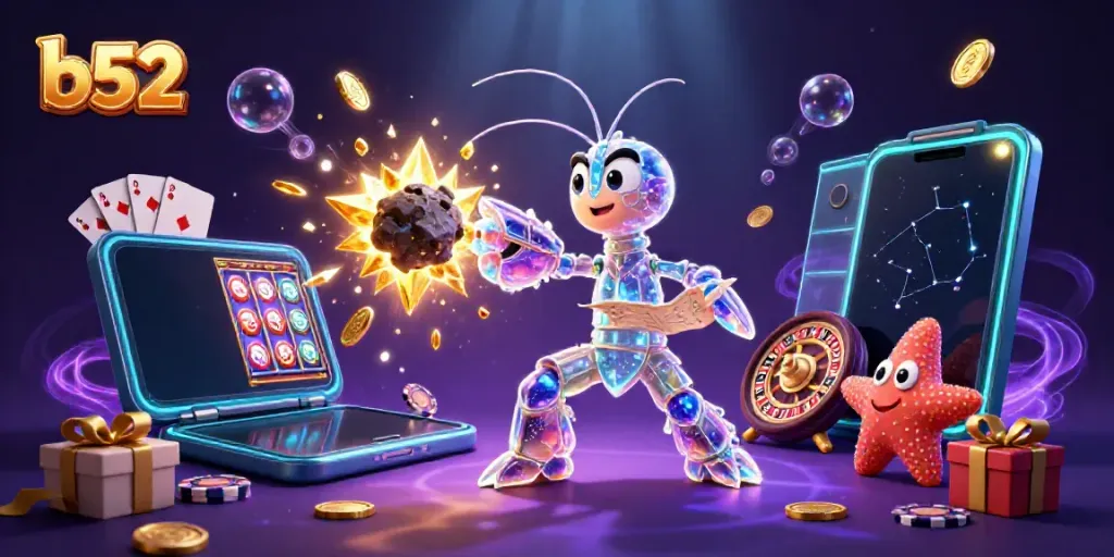 Experience thrilling games at b52 with cartoon characters, coins, and vibrant gameplay elements.