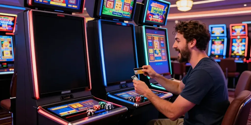 Player engaging with vibrant slot games at credit card casinos.