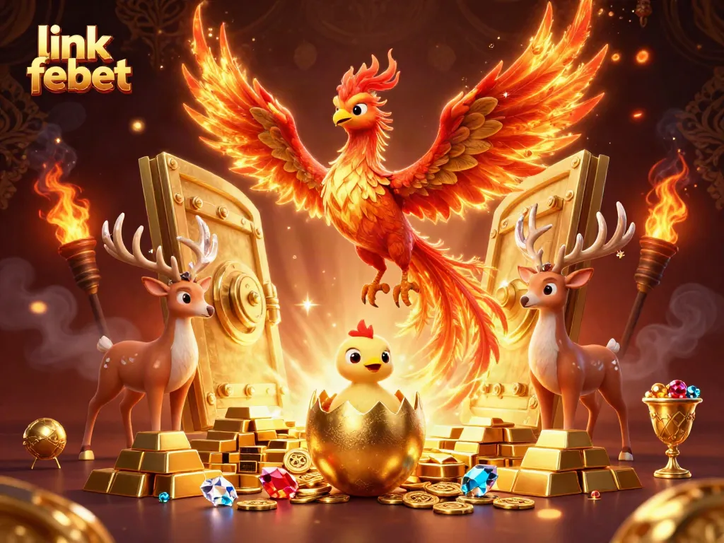 Experience the thrill of link febet with dynamic casino-themed illustration featuring a mythical phoenix and treasures.
