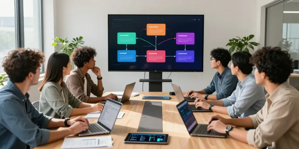 Engaged team discussing sponsored software articles in a modern office setting.