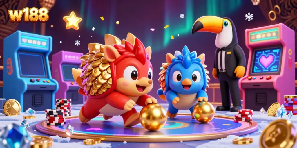Experience w188 with rival pangolins competing in a lively casino-themed game scene full of colorful arcade elements.