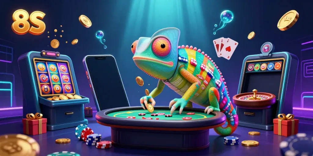 Experience the thrill of 8S casino gaming with a vibrant chameleon character capturing golden coins.