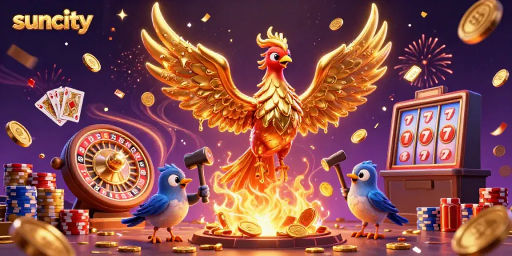 Experience the thrilling suncity atmosphere with a golden phoenix and casino elements dynamically displayed.