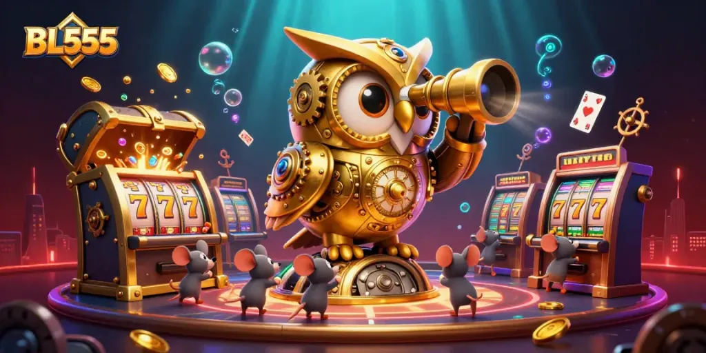 Engage in thrilling games at BL555 casino with golden owl and vibrant slot machines.