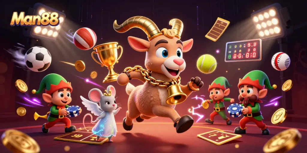 Experience the lively atmosphere of Man88, where a festive Krampus goat oversees an exciting casino.
