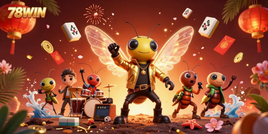 Engage with 78WIN's vibrant casino world featuring an electric cicada rock star and dynamic game elements.