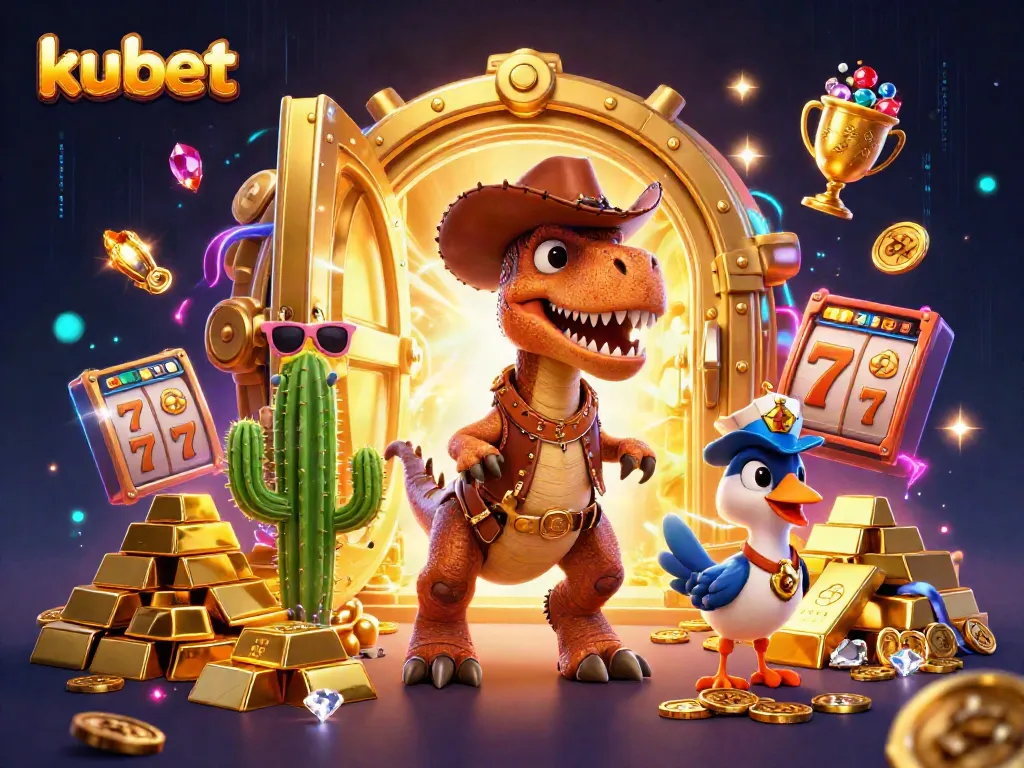 Kubet, a vibrant 3D illustration featuring characters amidst casino treasures and gaming elements.