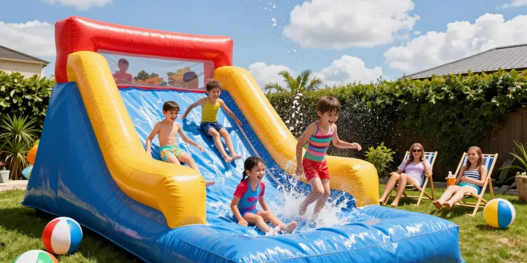 Children playing on a vibrant inflatable water slide, enjoying a fun summer day.
