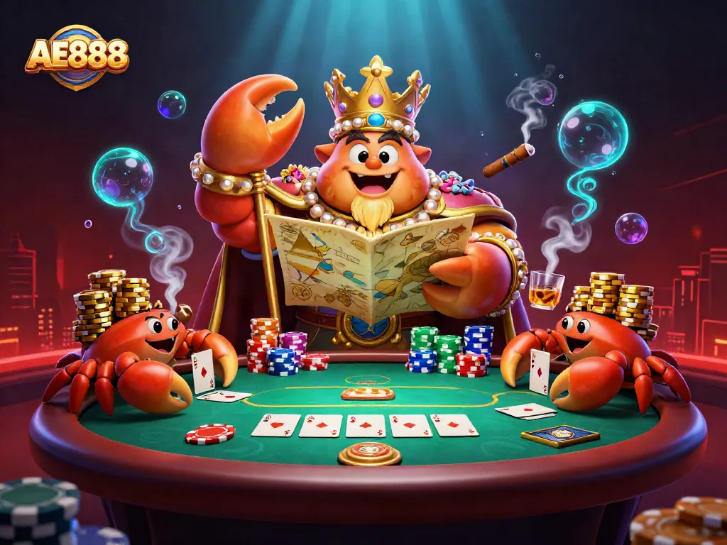 Experience the thrill of AE888 with a vibrant casino scene featuring a golden crab emperor, poker elements, and rich details.