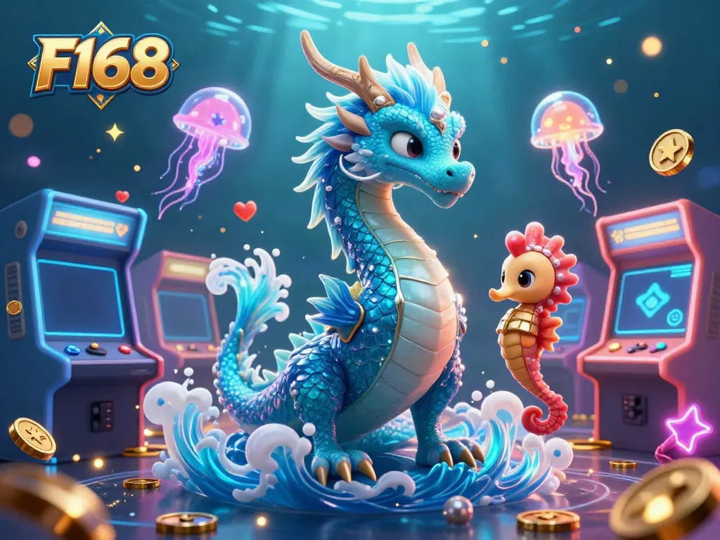 Experience thrilling gameplay in F168's vibrant underwater casino themed illustration with a dragon, seahorse, and jellyfish.