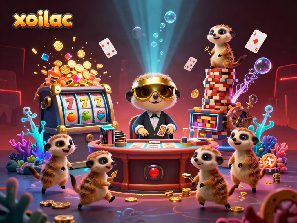 Xoilac-themed casino scene with meerkats running an elaborate gambling operation, vibrant and dynamic.